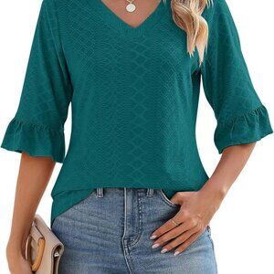 3/4 Length Sleeve Womens Tops Summer V-Neck Blouses Spring Ruffle Sleeve Tunic T